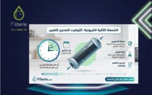 إنفوجرافيك توضيحي يوضح الشمعة الثانية الكربونية وتوقيت تغييرها الصحيح كل 6 أشهر لحماية الممبرين وإزالة الكلور - فلتري.